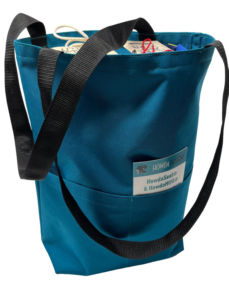 Howda sling bag made with teal Ottertex waterproof fabric, double shoulder straps and deep front pocket sized to carry 1-2 HowdaSEATS or assorted accessories