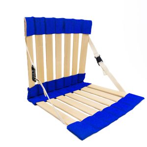 Blue Howda seat made of wooden slats.